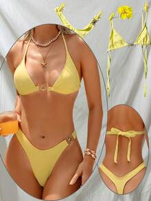 Swim Mod Solid Color Triangle Bikini Halter Tie Swimwear, Sexy Separates Set For Summer - Yellow - View 5