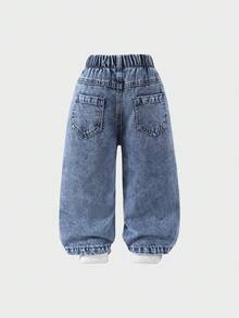 Genkimix Kids 女童可爱牛仔裤，春秋/秋冬款，浅蓝色牛仔布，粉色蝴蝶结刺绣设计，宽松直筒裤型，面料柔软舒适，适合上学、通勤、日常穿着。 - 淺色水洗藍 - 查看 2