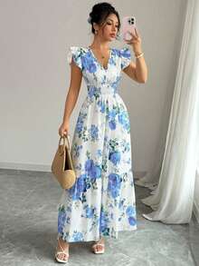 Rafferiza Abito da donna con scollo a V, stampa floreale romantica e balza sul fondo - Blu e Bianco - Visualizzare 4