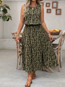 EMERY ROSE Đầm cỡ lớn họa tiết hoa nhí cổ tròn, kiểu dáng thường ngày, xẻ tà, thích hợp đi làm. - màu xanh lá - Xem 3