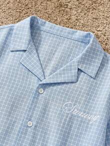SWAVVY Men's Letter Embroidery Plaid Patchwork 2 In 1 Shirt Light Blue And White Shirt Cropped Graphic Shirt - Blue - View 6