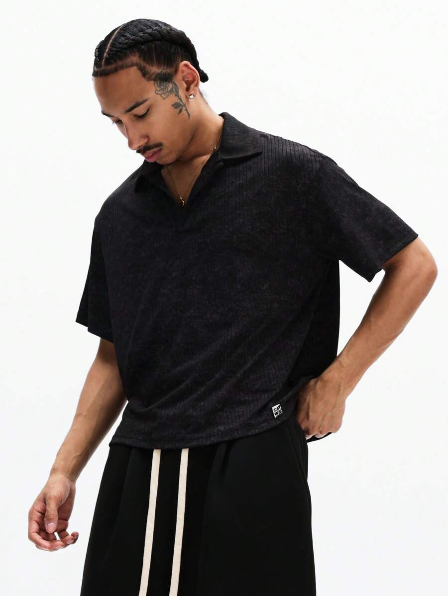 SUMWON Essentials Cropped Boxy Fit Ribbed Polo Shirt With Button Placket Collared Neckline Short Sleeve Casual Streetwear Top - Black - View 1