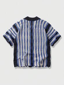 ROMWE MEN Street Life Men's Summer Casual Contrast Stripe Hollow Out Knit Top - Blue - View 2