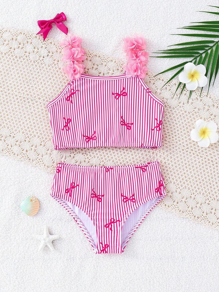 Emery Rose Kids Emery Rose Kids 2件套女童条纹3D立体花卉吊带泳衣上衣和泳裤套装 - 彩色 - 查看 1