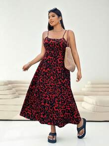 SHEIN EZwear Plus Size Leopard Print Adjustable Waist Dress With Spaghetti Straps, Backless Design And Hidden Zipper, Suitable For Spring/Summer, Summer Dresses - Red - View 5