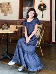 DAZY 女士圆脸牛仔衬衫+荷叶边半裙两件套，韩版休闲风 - 藍色 - 查看 7