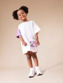 SUMWON Girls Color Block Short Sleeve Crew Neck T Shirt Dress With Purple Sleeves And NYC Number Print For Casual And Vacation - Multicolor - View 3