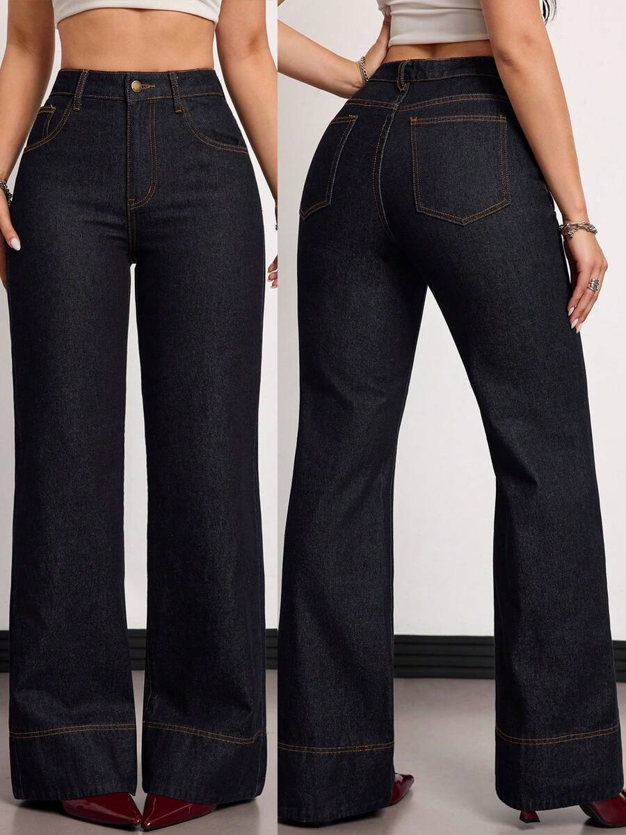 SHEIN Tall Women's High Waist Pocketed Wide Leg Loose Casual Versatile Jeans Summer And Spring Valentine's Day Wedding Elegant Denim Jeans - Dark Wash - View 1