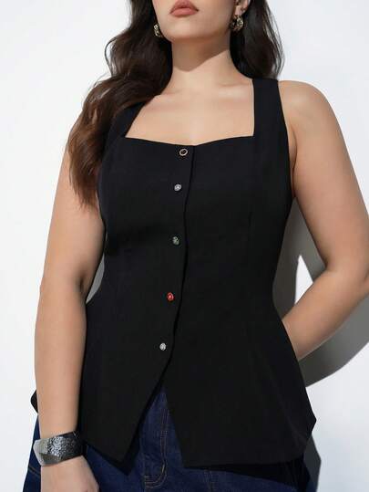 Maija Plus Size Square Neck Metal Decor Hem Ruffle Hem Blouse, Romantic Elegant Versatile Business Casual Everyday Wear, Suitable For Office, Teacher, Wedding Guest, Valentine's Day