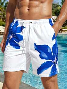 Manfinity VDAYZ Men's Floral Print Drawstring Waist Beach Shorts Men Swim Trunks Couple Matching Swim Sets For Couples His And Hers Swim Suit Sets Couples Matching Swimwear His And Hers Swim Wear Matching Swimwear For Couples Couple Bathing Suit Set Beachwear Matching Couple Couple Swimsuits - Blue - View 2