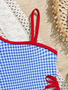 1pc Young Girls Blue & White Plaid Print With Red Trim One-Piece Swimsuit Summer Swimsuit Checkered Bathing Suit Kids Girls Checkered Swimsuit Girls Cherry Swimsuit Beachwear Kids One Piece Girls One Piece Swimsuit Blue Checkered Swimsuit Children One Piece Bathing Suit Girl Swimwear Kids Swimwear Girl One Piece Checkered Blue Red Swimsuit - Multicolor - View 4