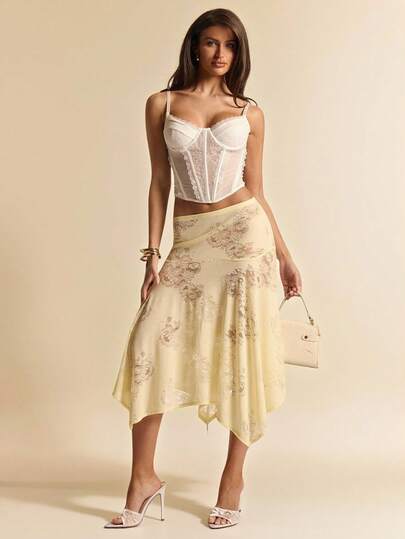 SHEIN BAE Apricot Asymmetric Hem Low Waist Lace Mermaid Skirt, Elegant Apricot Skirt Suitable For Parties, Cocktail Events, Birthday Dresses, Bridesmaid Dresses, Wedding Guest Attire, Spring/Summer