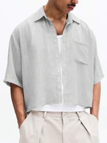 SUMWON 短袖纽扣衬衫，带胸袋，休闲办公夏季轻薄翻领上衣，商务休闲周末宽松版型 - 淺灰色 - 查看 5