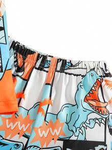 两件套幼儿男童休闲恐龙印花T恤短裤套装,春夏装,橙色底色搭配创意图案,舒适日常穿着 - 彩色 - 查看 8