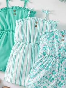 SHEIN Genkimix Kids 女童无袖条纹涤纶短款连体衣，褶皱细节设计，是夏季度假的完美之选。女童连体衣，女童连体衣，女童服装，女童夏季服装，碎花连体衣，条纹连体衣，夏季套装，连体衣，女童连体衣，无袖连体衣，夏季服装。 - 綠色 - 查看 7