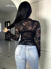 Vassilux 女士蕾丝透视性感上衣 - 黑色 - 查看 2