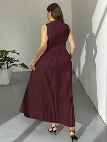 Firerie 大码女式金属单排扣马甲和百褶中长裙优雅两件套 - 酒紅色 - 查看 5