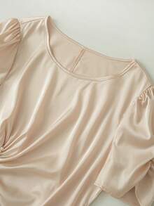 Franclia Champagne Satin Drawstring Top/French Elegant/Fitted Tie-Front Blouse - Apricot - View 4