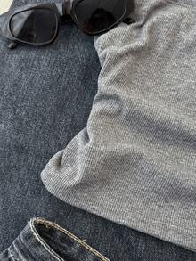 SHEIN 少女深灰色罗纹针织露脐上衣，星形图案，腰部褶皱设计 - 灰色 - 查看 5