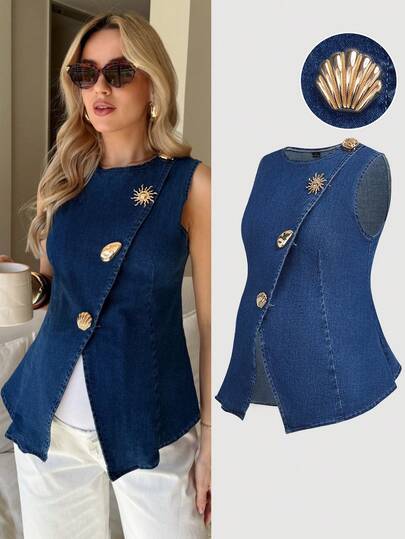 SHEIN Maternity Solid Color Metal Button Elegant Sleeveless Denim Top Valentine's Day Vacation Outfits Women Carnaval Summer Spring Commuting Graduation Chic Y2k Cute Streetwear Party Wedding Elegant Business Casual Woman