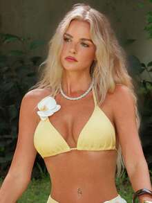 Swim Mod Áo bikini mùa hè dành cho nữ, màu trơn, họa tiết hoa 3D, kiểu buộc dây cổ, thời trang. - Màu vàng - Xem 6