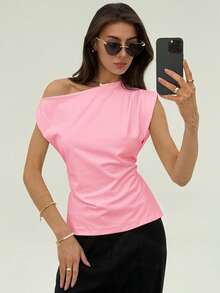 Aloruh New Minimalist Asymmetric-Shoulder Short Sleeve Pullover Cinched Waist Ruched Solid White T-Shirt - Pink - View 5