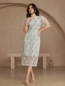 DAZY 高端刺绣蕾丝中长连衣裙，女士圆领开衩下摆法式优雅派对礼服 - 綠色 - 查看 8