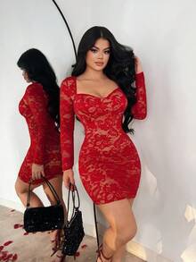 SHEIN SXY Đầm ngắn ren đỏ gợi cảm tay dài cổ tim dành cho nữ - Đỏ - Xem 6