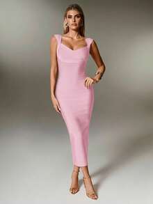 Nuvra Women's Fitted Waist Ribbed Knit Burgundy Midi Bodycon Party Dress - Baby Pink - View 9