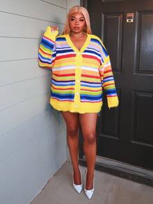 Enliva Plus Size Women's Long Sleeve Cardigan, Colorful Striped Knit Sweater Autumn Winter Clothes For Women - Multicolor - View 10