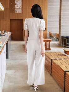 DAZY Bộ đồ nữ thanh lịch gồm áo sơ mi trơn màu và quần ống rộng, thích hợp cho mùa xuân/hè, váy dự tiệc cưới. - Màu be - Xem 2