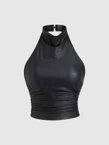 Sweetra 两件套女士时尚性感露背PU皮革派对露脐上衣套装 - 彩色 - 查看 4