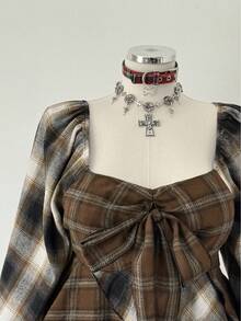 Sunspun 格子拼接蝴蝶结腰带极简长袖连衣裙 - 棕色 - 查看 4