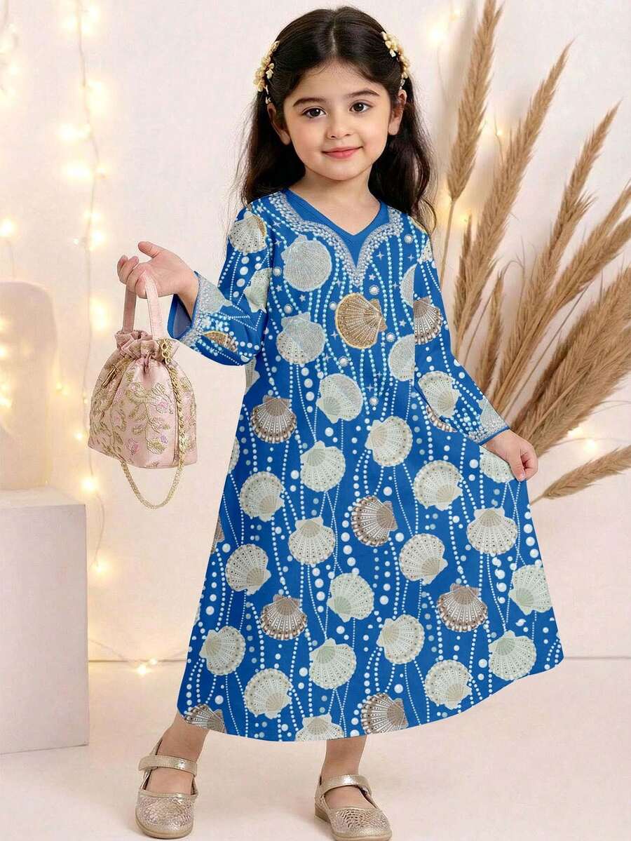 SHEIN Klassisches Jalabiya-Kleid im arabischen Stil für Kleine Mädchen, Perlmutt-Muster, minimalistischer Lässig-Stil, geeignet für Frühling/Sommer - Verschiedenfarbig - Übersicht 1