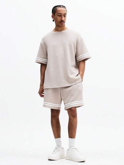 SUMWON Waffle Knit Short Sleeve T-Shirt And Matching Shorts Co-Ord Set With Contrast White Stripe Detail For Casual Summer Wear