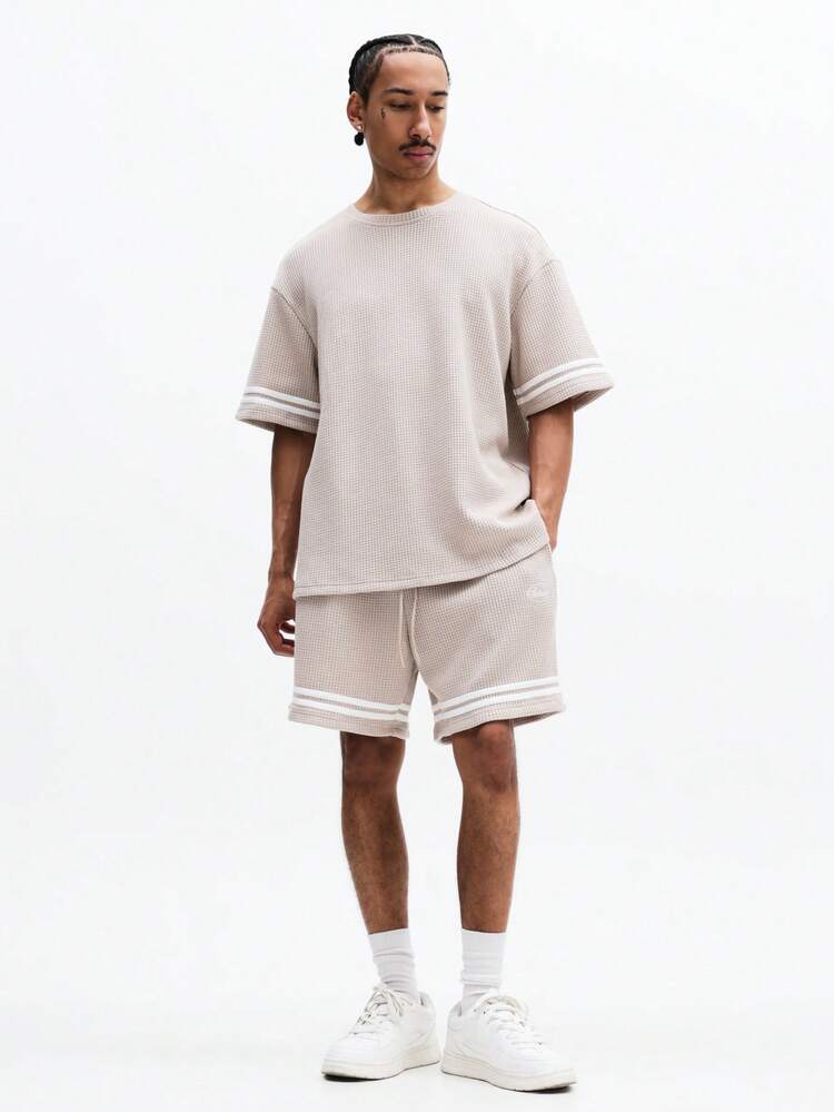 Waffle Knit T-Shirt And Shorts Set With Contrast Stripes
