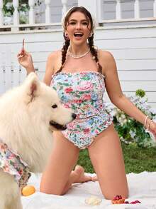 Swim Mod Plus Size Women Floral Print Bandeau Swimsuit Set, Suitable For Beach Vacation, Spring/Summer - Multicolor - View 1