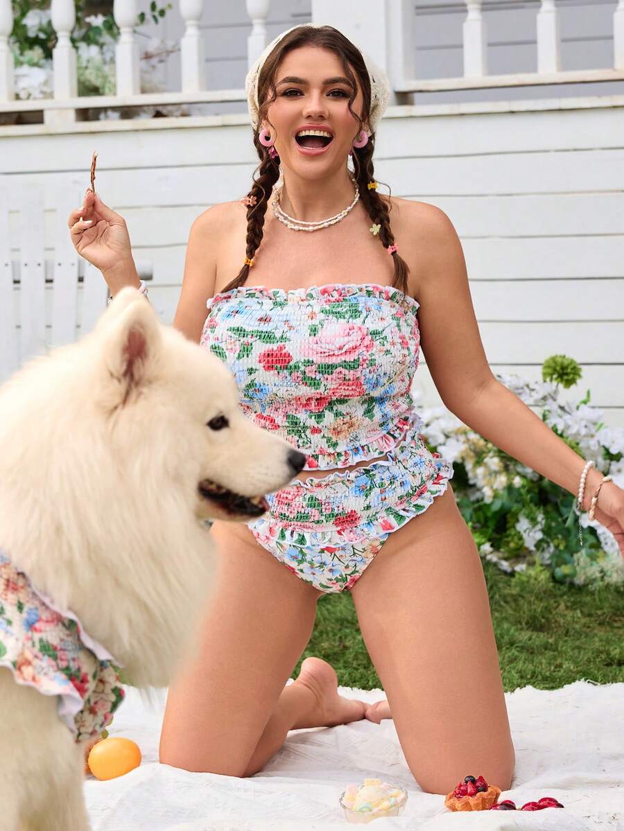 Swim Mod Plus Size Women Floral Print Bandeau Swimsuit Set, Suitable For Beach Vacation, Spring/Summer - Multicolor - View 1