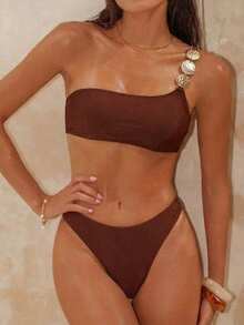 Swim Chiccia Bộ bikini hai mảnh lệch vai gợi cảm dành cho nữ, thiết kế tối giản thanh lịch với điểm nhấn kim loại, màu trơn, thích hợp cho kỳ nghỉ biển, mùa xuân/hè. - màu nâu - Xem 1