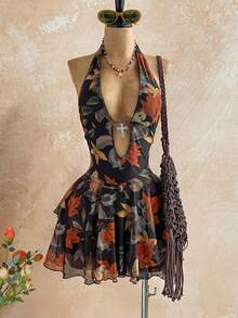 Soleia 性感V领交叉装饰镂空露背吊带纹理面料多层不规则下摆迷你连衣裙，适合派对、圣诞节、约会、夜店、海滩、邮轮、下午茶、波西米亚风、度假、秋季女装、复古波西米亚西部风女装、哈瓦那之夜连衣裙、女巫连衣裙、牛仔女郎套装、两件套夏季春季情人节狂欢节套装、派对连衣裙、沙滩连衣裙、外出套装、优雅连衣裙、度假套装、休闲连衣裙、亮片连衣裙 - 彩色 - 查看 6