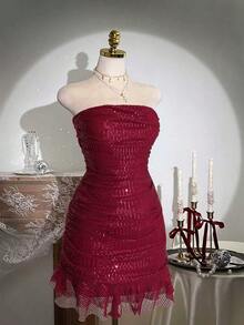 Sunspun Valentine Plus Size Sequin Bodycon Dress, Strapless Backless Bow Tie Bodycon Party Mini Dress - Burgundy - View 6