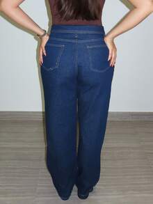 MDEdit 女式翻边腰阔腿宽松休闲牛仔裤 - 深色水洗藍 - 查看 2