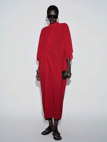 Lumivelle 女士中东风情休闲高领扭腰透视长裙 - 紅色 - 查看 7