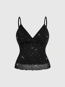 ROMWE Avant Spring/Summer Plus Size Sexy Y2K Retro Rhinestone Shiny Fabric Camisole Valentine's Day - Black - View 1