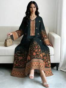 Al Najma Women's Retro Floral & Botanical Print V-Neck Long Sleeve Elegant Arabic Style Maxi Dress, Spring/Autumn - Multicolor - View 4