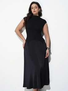 Maija 加大码黑色连衣裙，2026春夏新款，浪漫缎面拼接设计，舒适优雅的收腰廓形，适合女性办公/休闲场合穿着。 - 黑色 - 查看 4