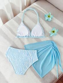 SHEIN 1件装女童蓝白碎花图案舒适针织泳衣套装，适合海滩、泳池、海洋、冲浪、度假、夏季、旅行 - 藍白色 - 查看 2