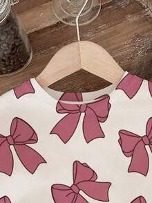 SHEIN 女婴蝴蝶结印花圆领短袖可爱 T 恤和粉色针织打底裤 2 件套 - 粉色 - 查看 6