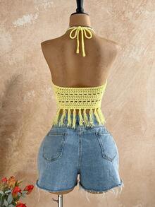 Soleia 女士度假休闲流苏下摆露背吊带针织上衣 - 黃色 - 查看 2