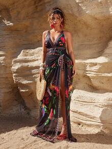 Swim Oasis Plus Size 2pcs Women Floral Print Crew Neck One-Piece Swimsuit With Matching Printed Skirt, High-End Swimwear Set Suitable For Summer Beach And Vacation - Multicolor - View 5